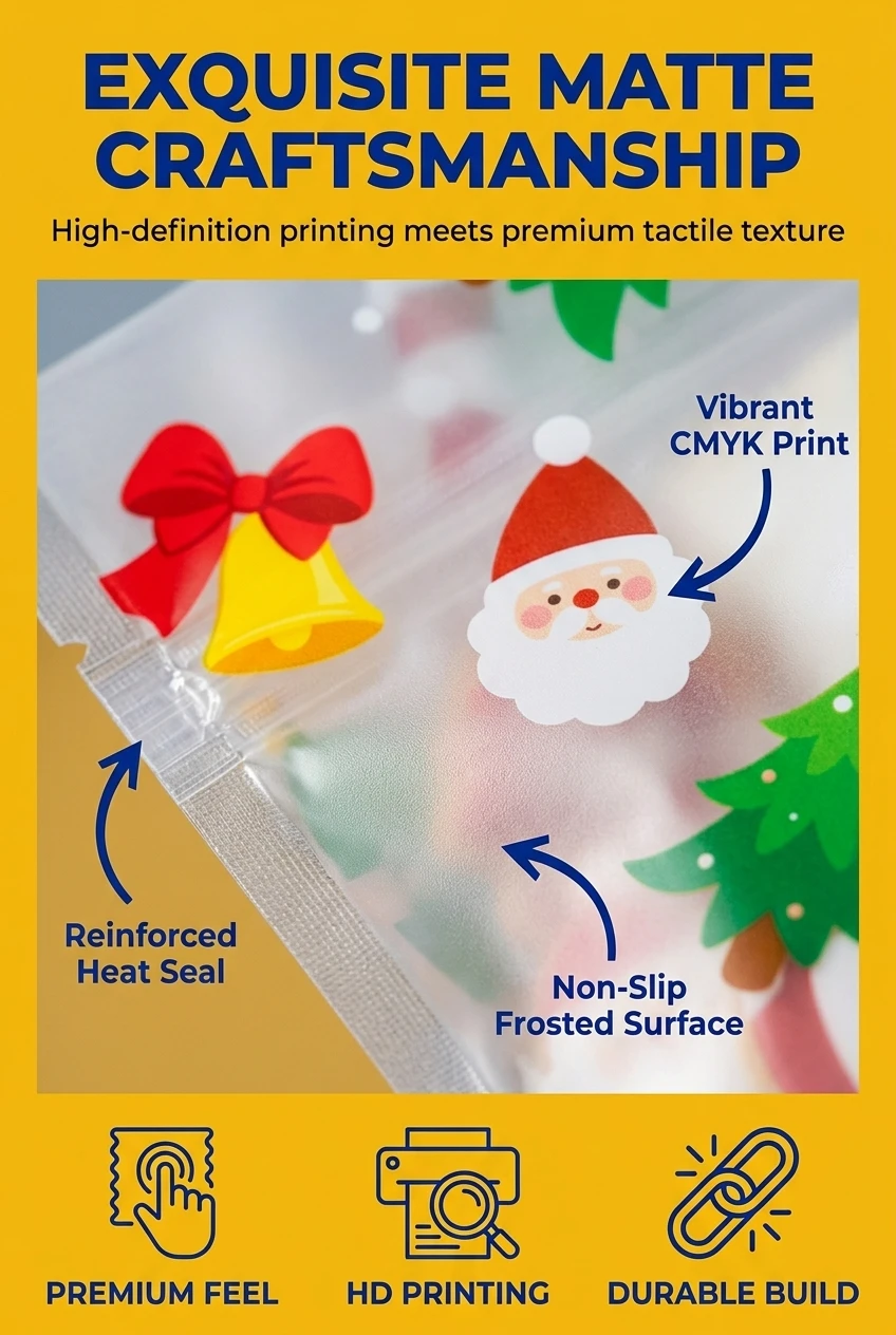 Close up view of plastic bags zip lock with high definition printing. Our food packaging bags utilize advanced matte frosting