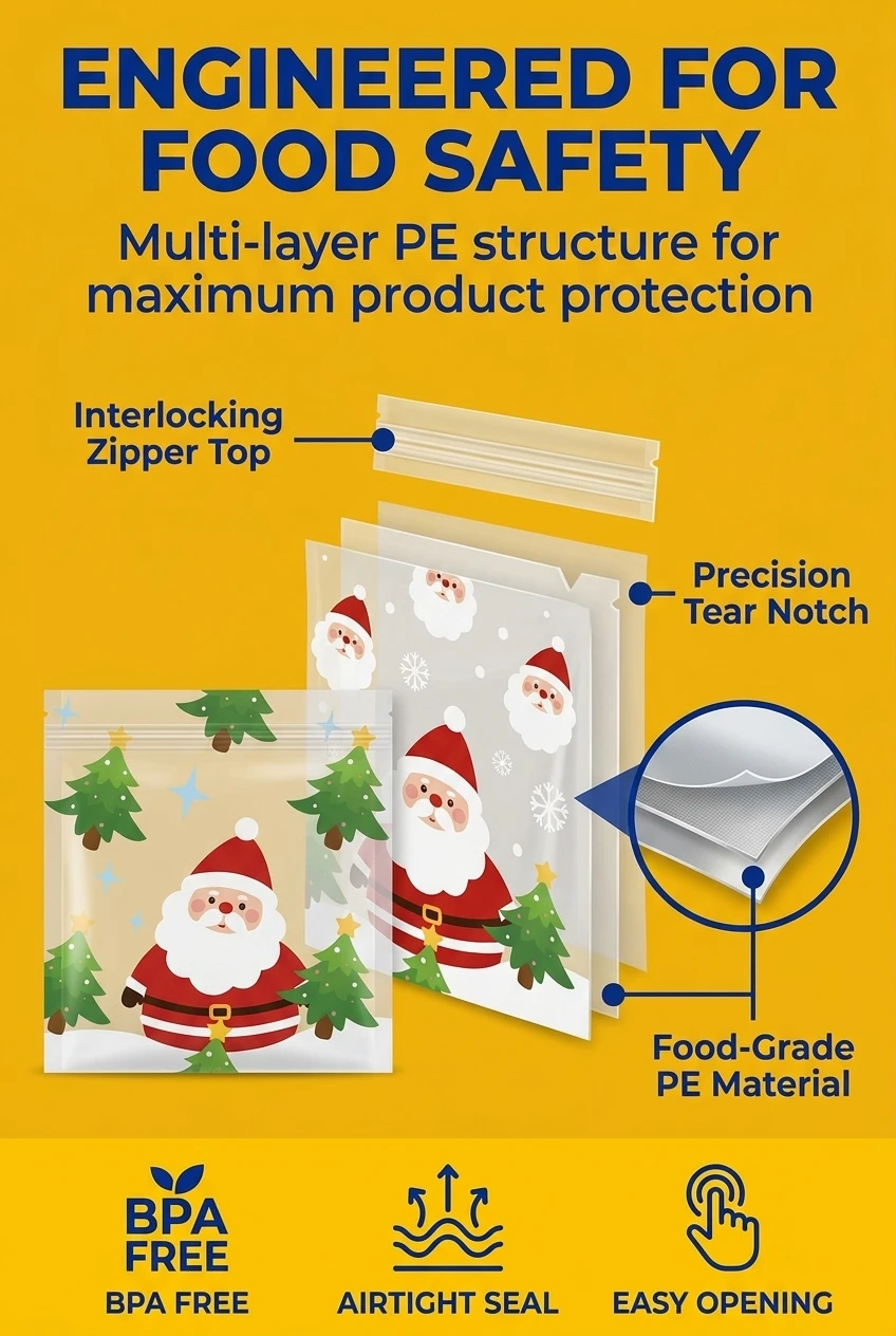 Technical material structure of ziplock bags for food packaging. Featuring a multi-layer PE construction, these customized fo