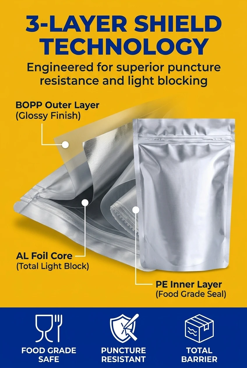 Industrial grade zip bag packaging with triple-layer protection. Our plastic bags zip lock structure includes BOPP, Aluminum,