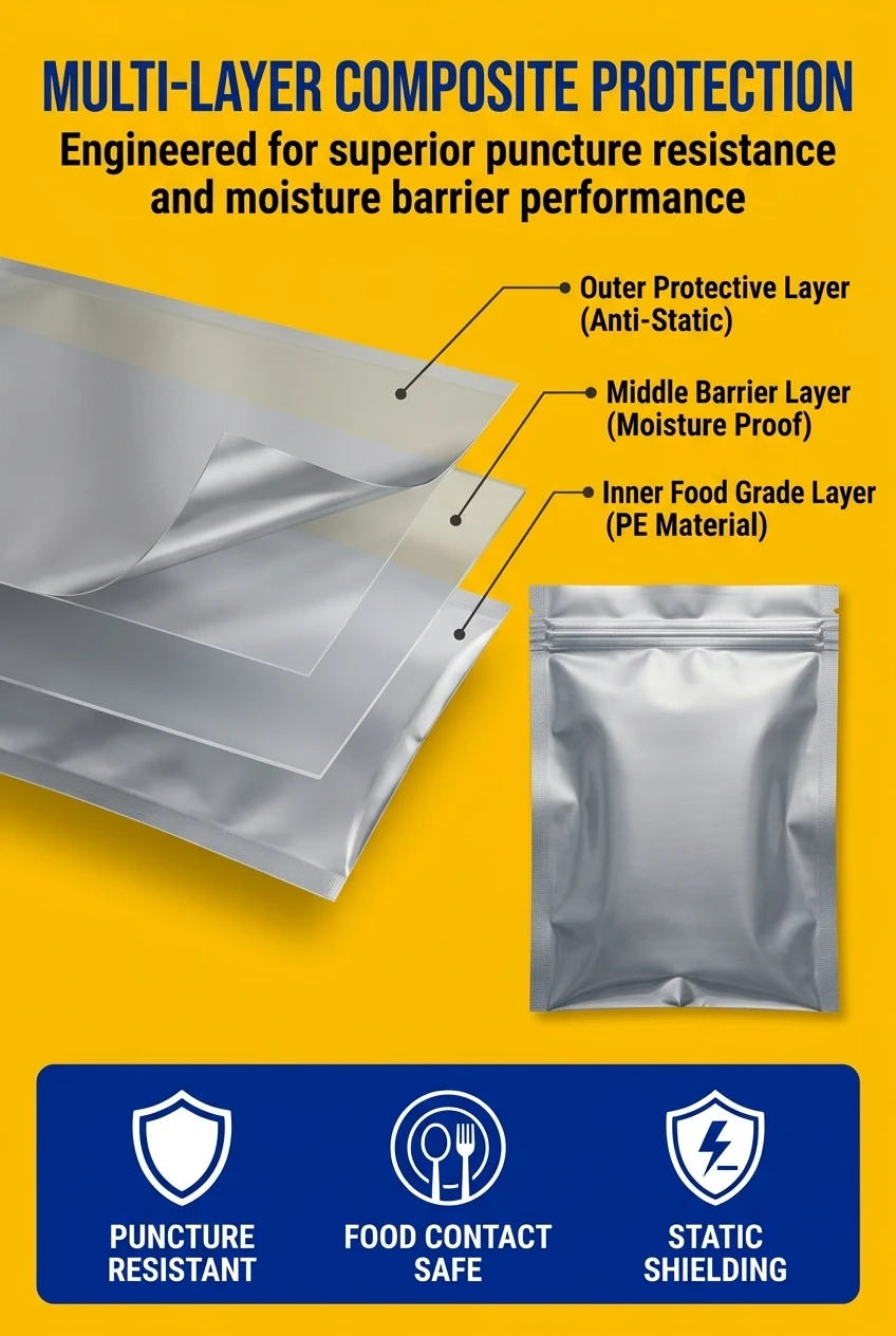 Technical material structure of our plastic bags zip lock. Featuring a multi-layer composite including an anti-static outer l
