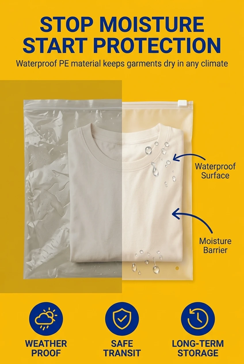 Waterproof ziplock bags for clothes packaging shield your products from humidity and dust. These poly bags for clothes packag