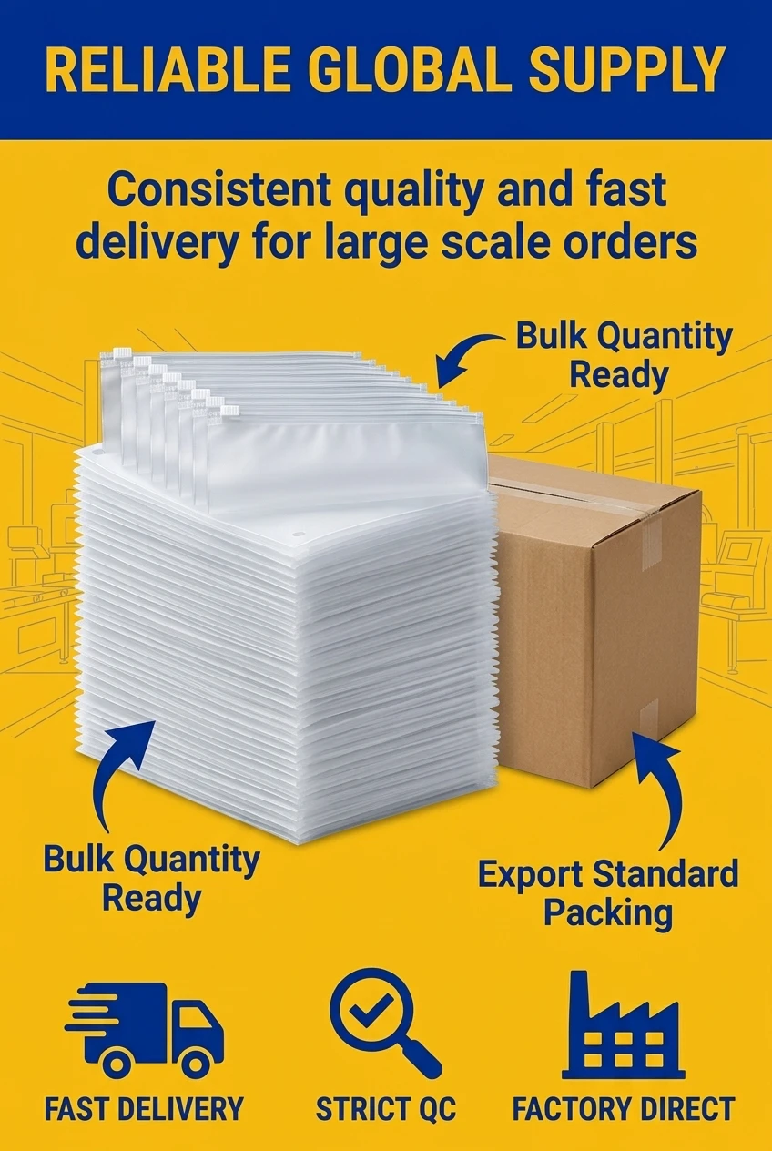 Massive production capacity for ziplock bags for clothes packaging. Our factory ensures consistent quality for all packaging