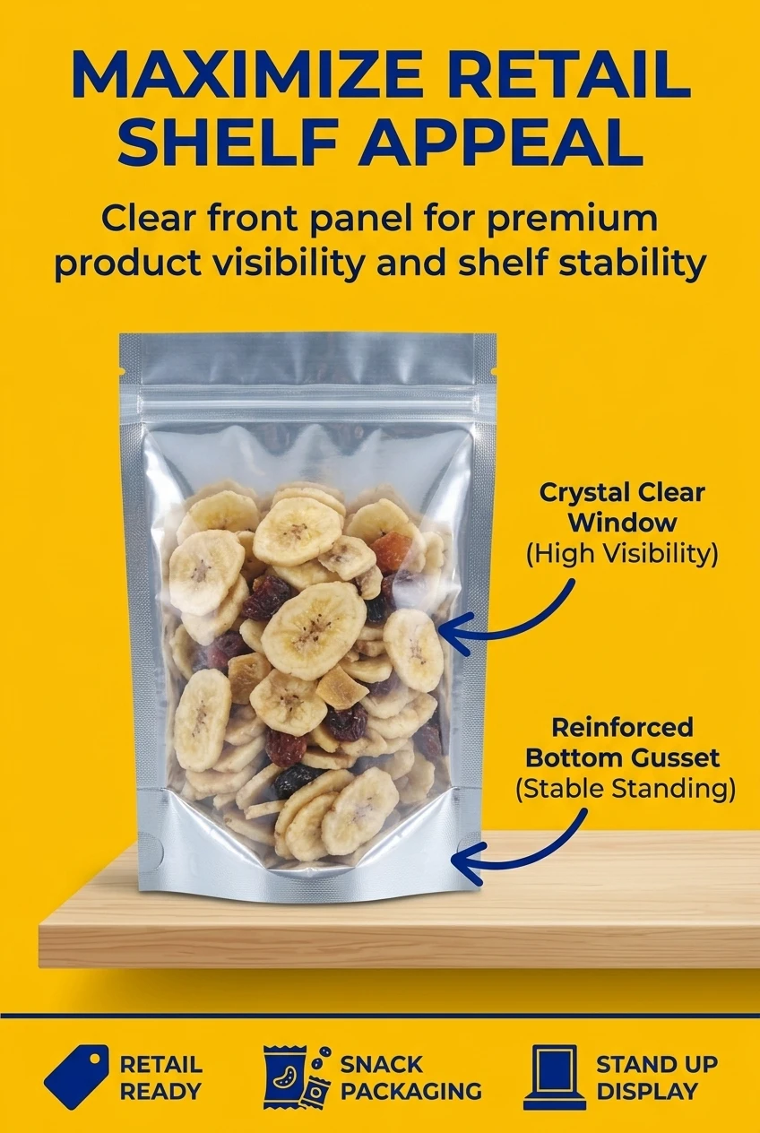 Custom Food Grade Moisture Proof Mylar Bag with Transparent Front Zip Lock PE Plastic Flat Bag for Candies and Snacks