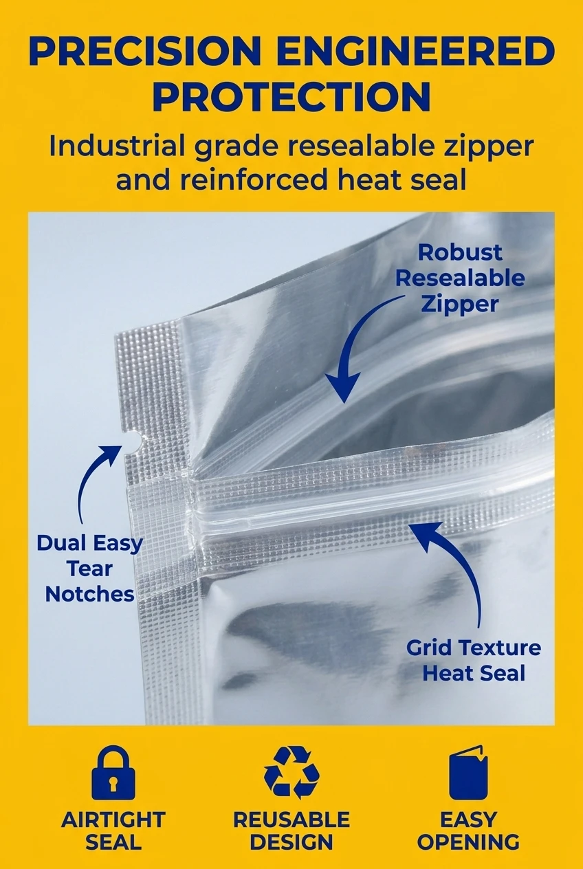 Reliable aluminum foil flat bag construction with a robust plastic ziplock bag mechanism for secure repeated sealing. Our wat