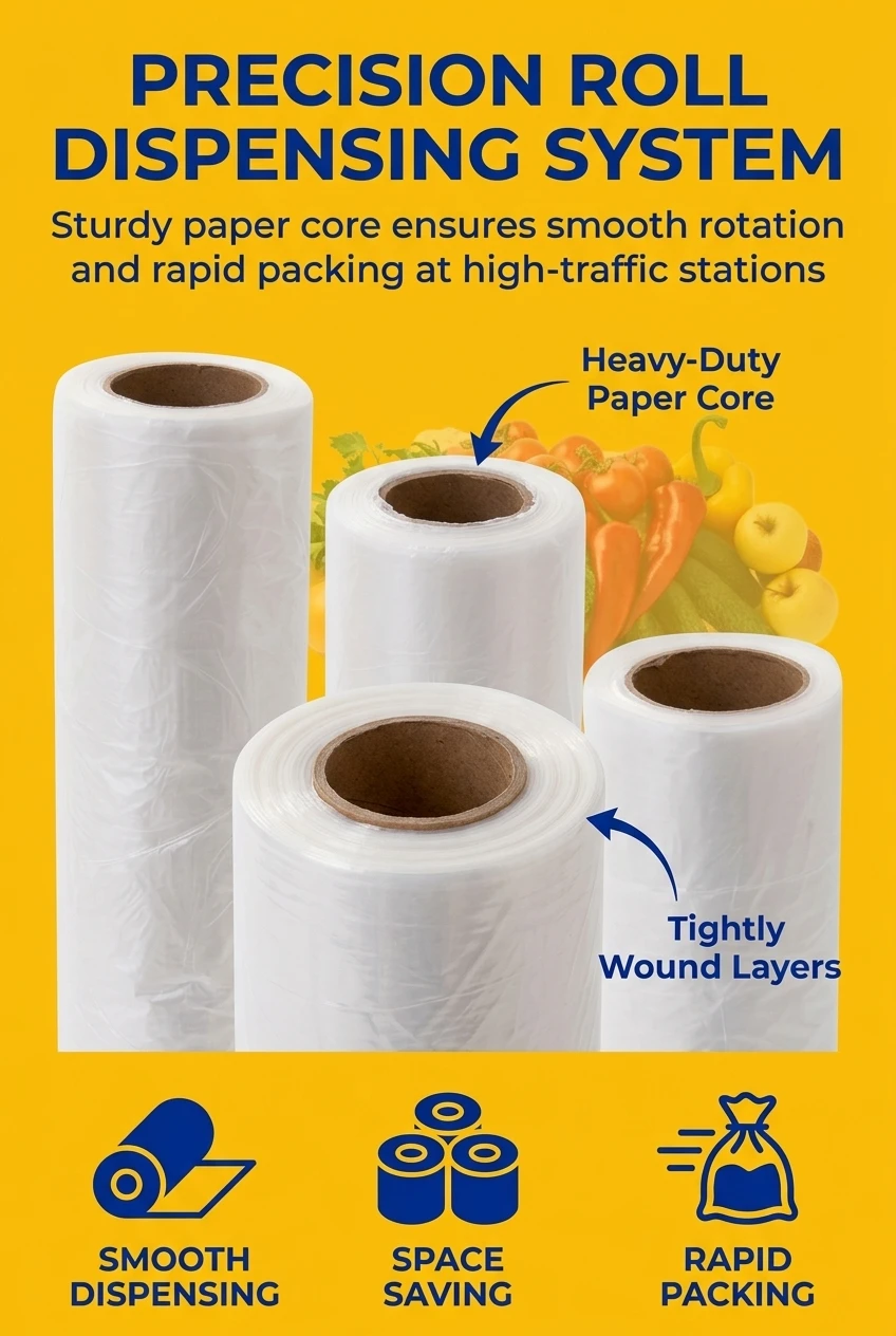 Efficient t shirt packaging bag on a roll format for rapid packing. These food packaging bags are wound on a sturdy brown pap
