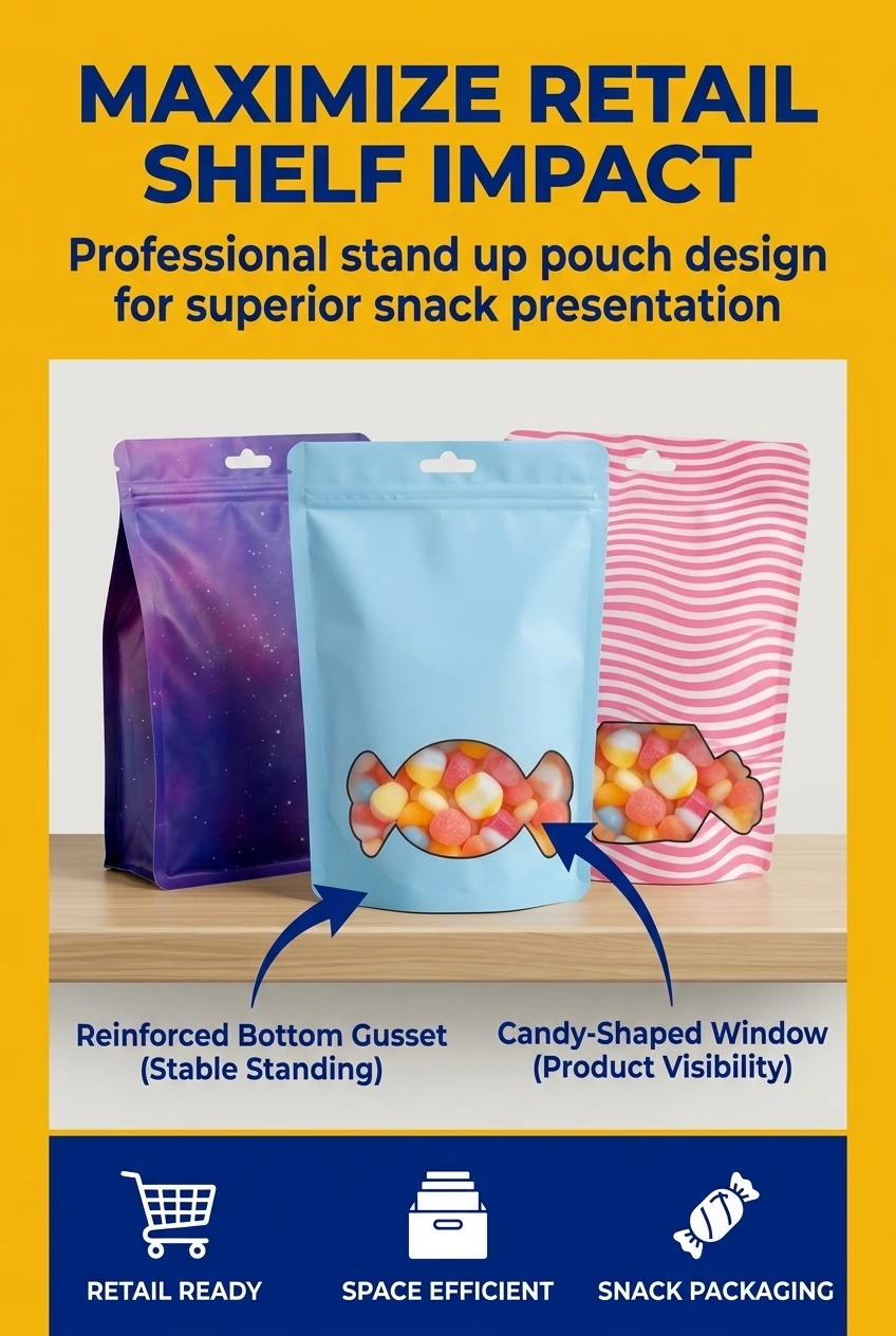 Custom Printed Freeze Dried Candy Mylar Bag with Candy Shaped Window Stand up Pouch for Snacks and Sugar Packaging
