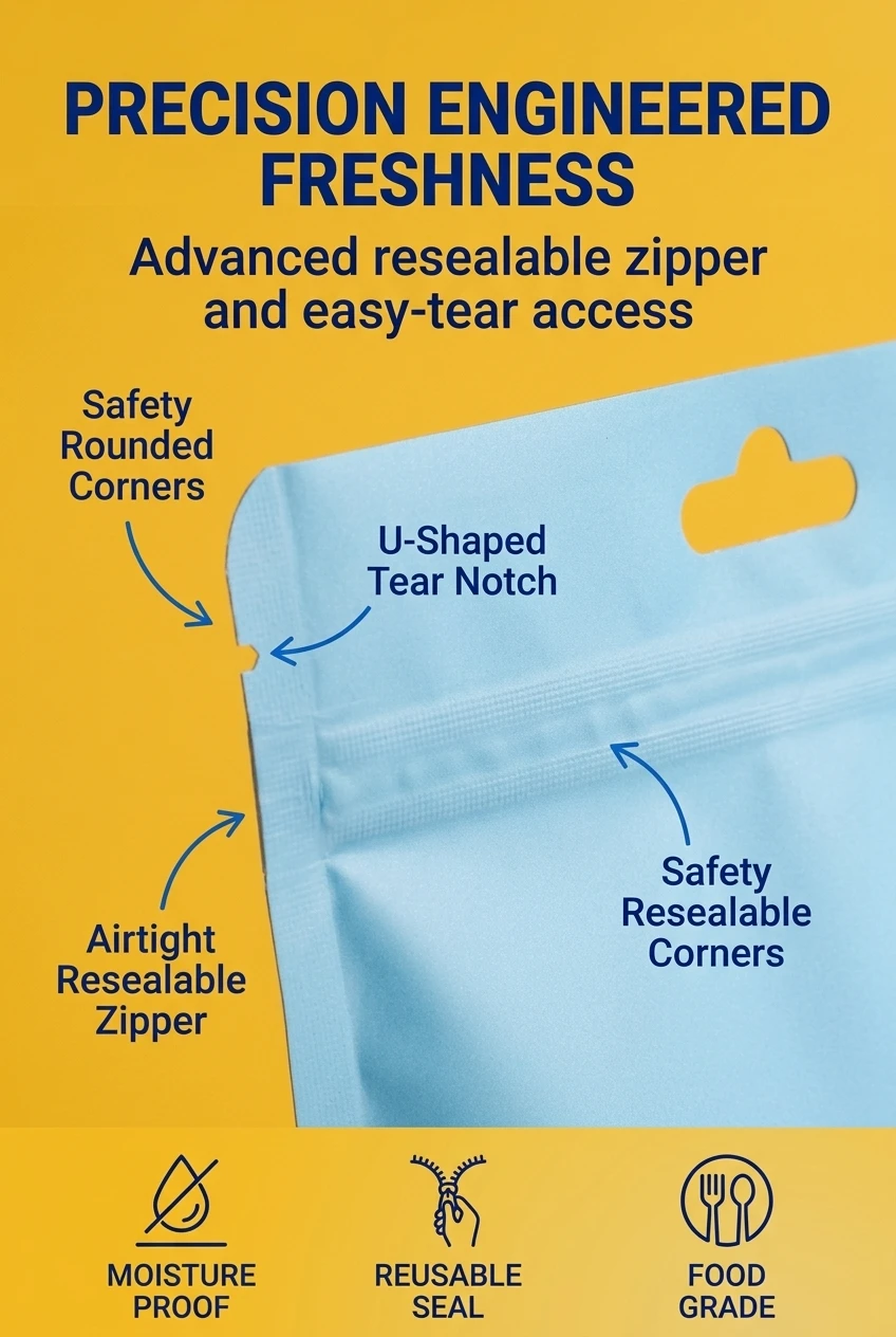 Factory direct wholesale custom printed mylar bags featuring a secure zipper top and a professional euro hole for hanging dis