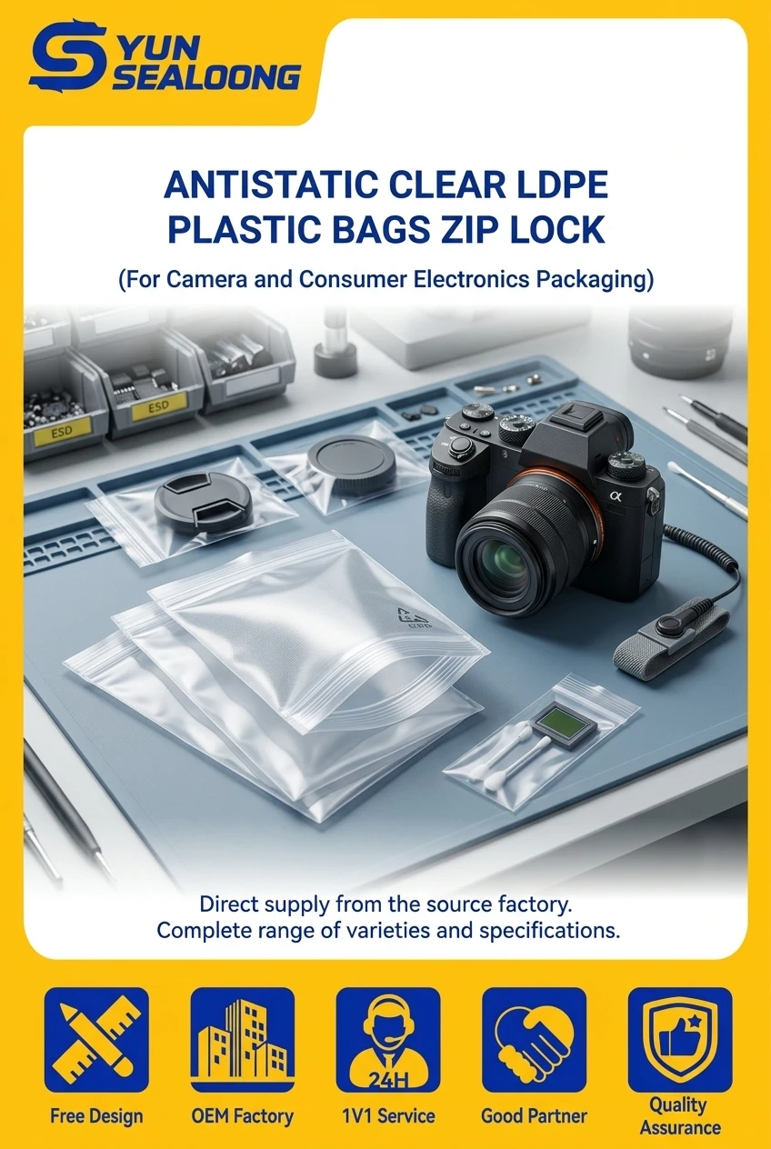 Antistatic Clear LDPE Plastic Bags Zip Lock with Sealable Design for Camera and Consumer Electronics Packaging