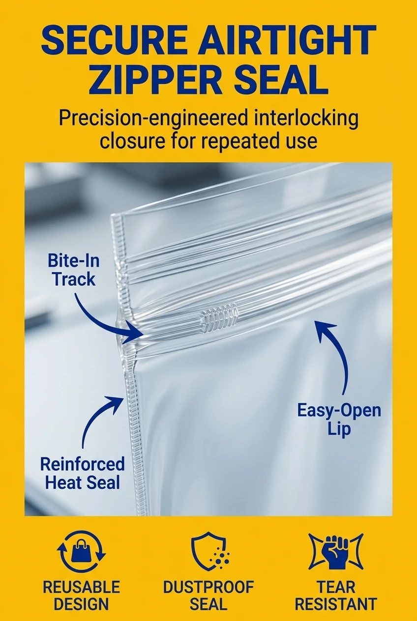 Precision-engineered plastic bags zip lock with a robust interlocking closure. This clear plastic ziplock bag features reinfo