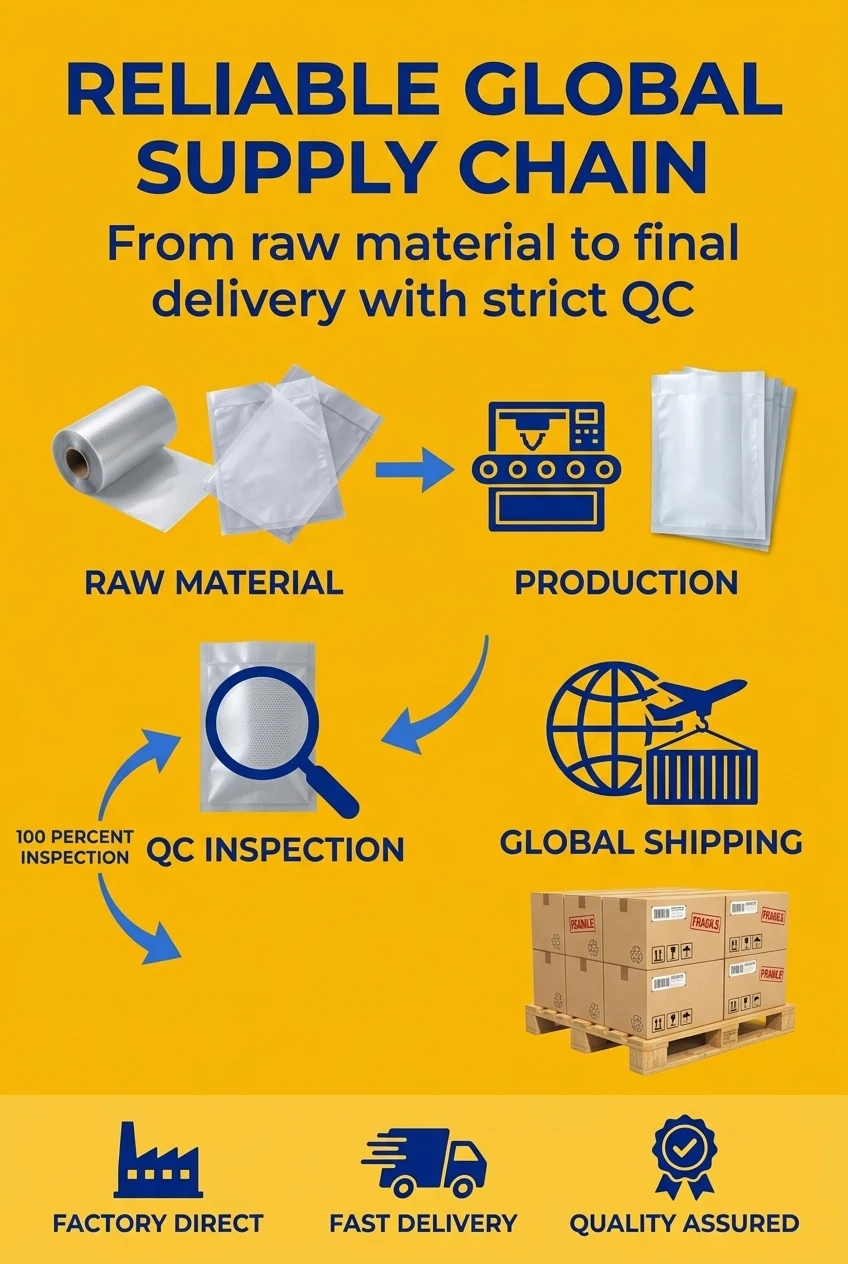 Leading vacuum plastic bag factory providing consistent quality for food packaging bags wholesale. Our production facility en