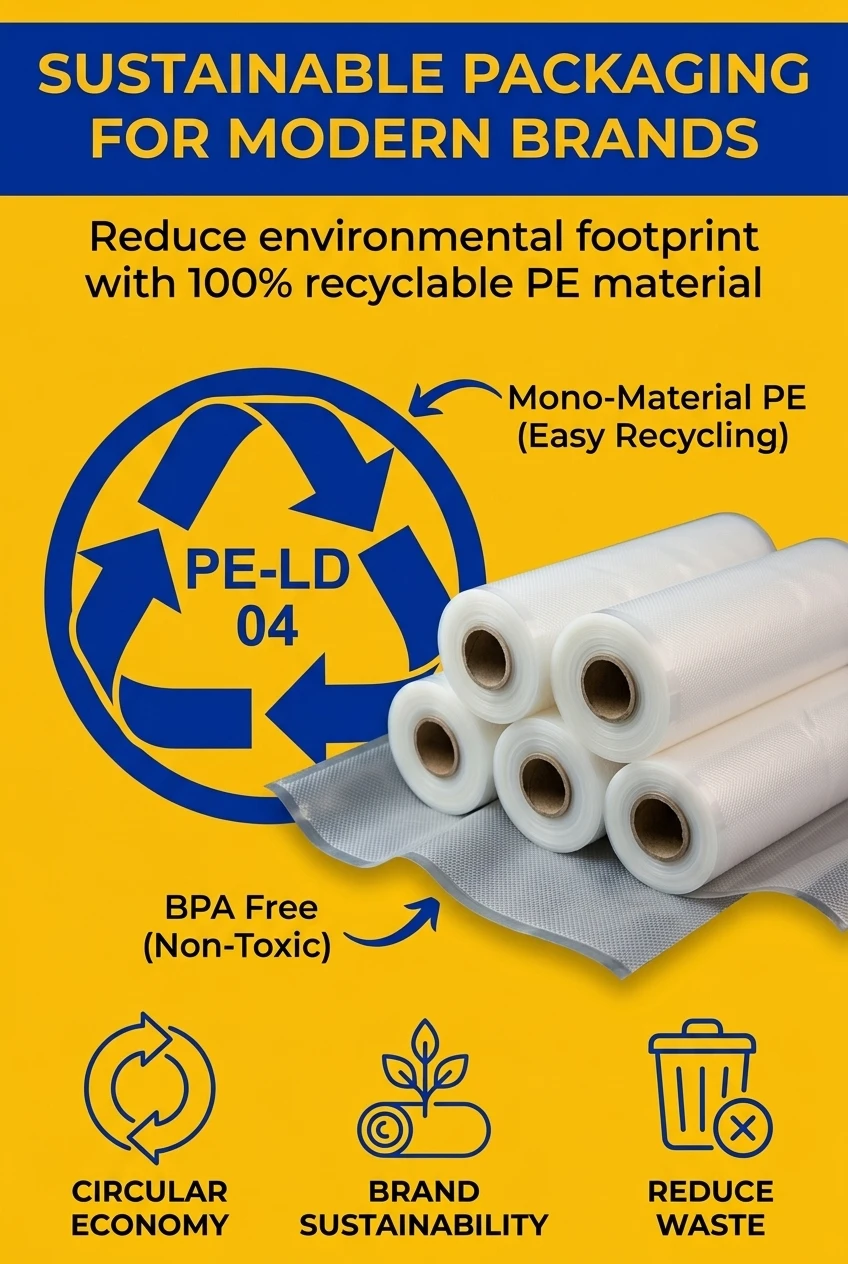 Eco friendly packaging bags for sustainable business growth. Our recyclable vacuum plastic bag supports green initiatives whi