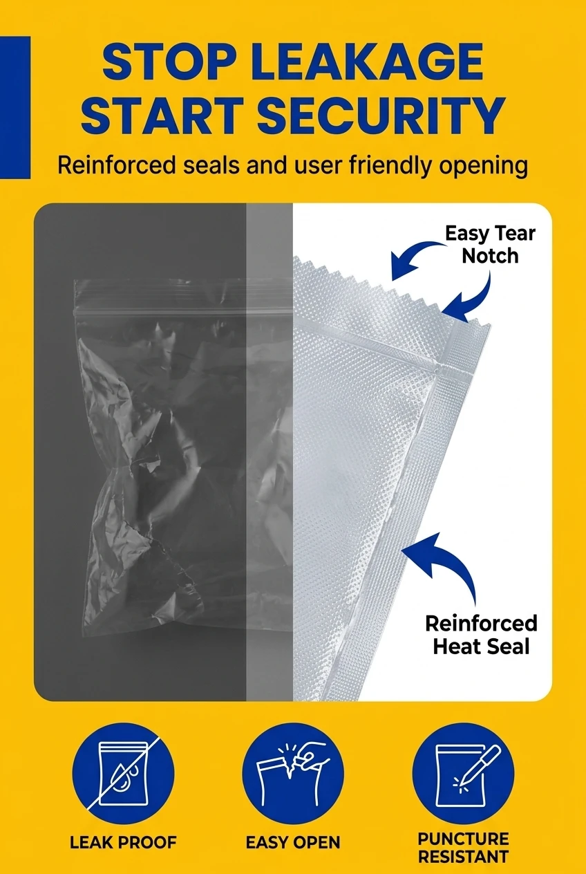 Durable sealable plastic bags with reinforced three side heat seals. This vacuum plastic bag includes a user friendly tear no