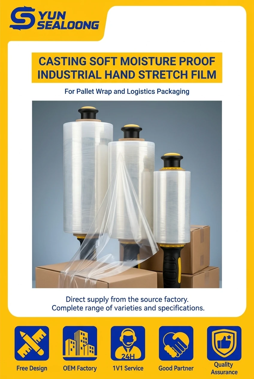 Casting Soft Moisture Proof Industrial Hand Stretch Film with Handheld Handle Design for Pallet Wrap and Logistics Packaging