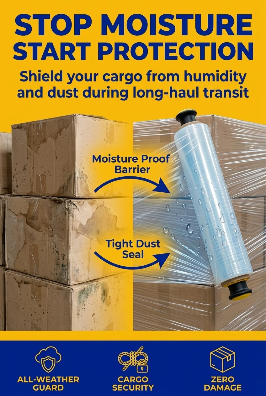 Moisture proof stretch film for industrial packaging. Prevent cargo damage with our high-cling lldpe stretch film. Waterproof