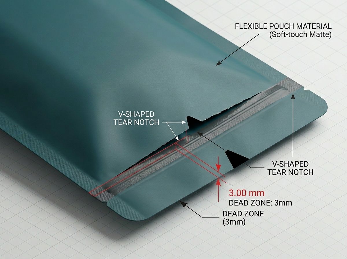 3D render of tear notch usability and seal clearance in functional packaging
