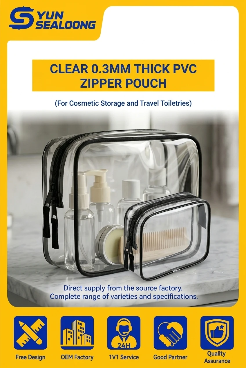 Clear 0.3mm Thick PVC Zipper Pouch with Black Piping and U-shaped Closure for Cosmetic Storage and Travel Toiletries
