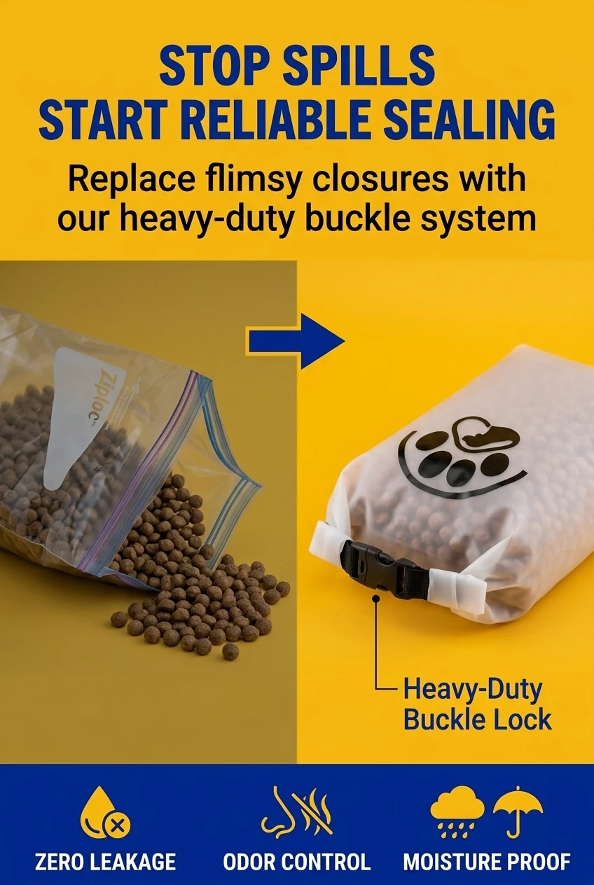 Reliable plastic handle bags solve common leakage issues found in standard pet food packaging bag designs. Using ldpe food gr