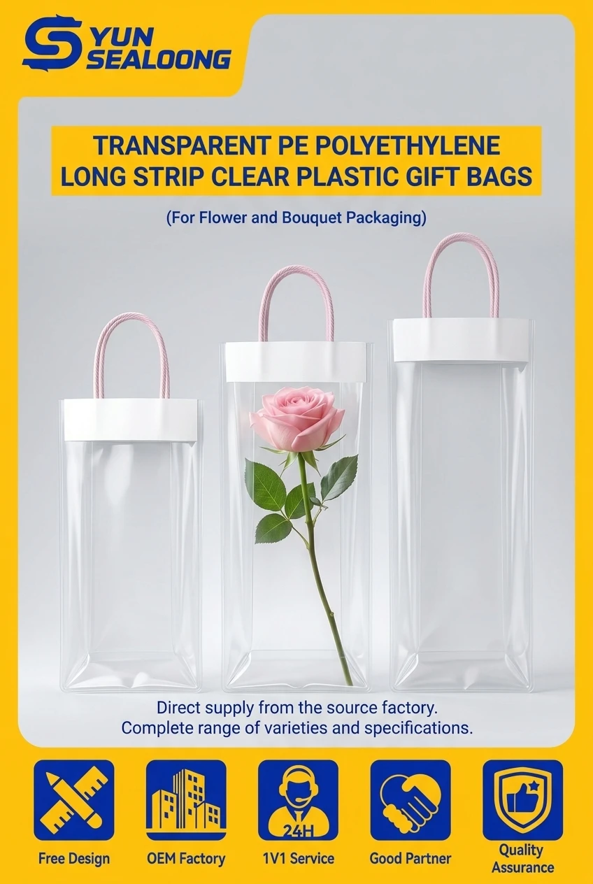 Clear Handbag Large Flower Transparent Bag for Flower Packaging Long Rectangular Stand up Pouch for Rose Bouquet Wedding