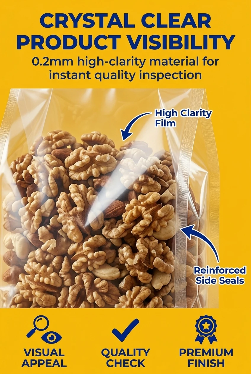 Showcase your premium snack lines with our transparent plastic eight sided sealed standing zipper bag collection. The optical