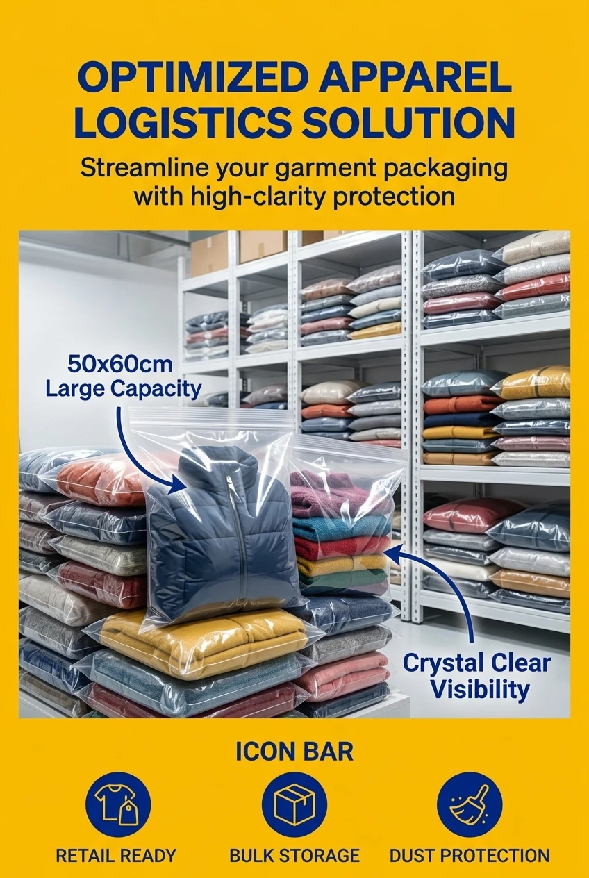 Professional apparel packaging bag for high-volume garment storage. This 50x60cm plastic zipper bag provides a crystal-clear