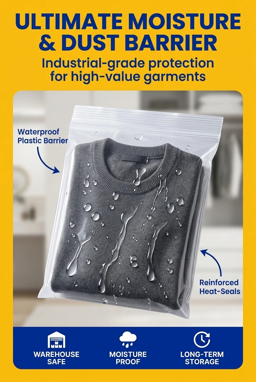 Waterproof plastic zipper bag construction ensures long-term protection for clothing. Our zipper pouch bag features industria