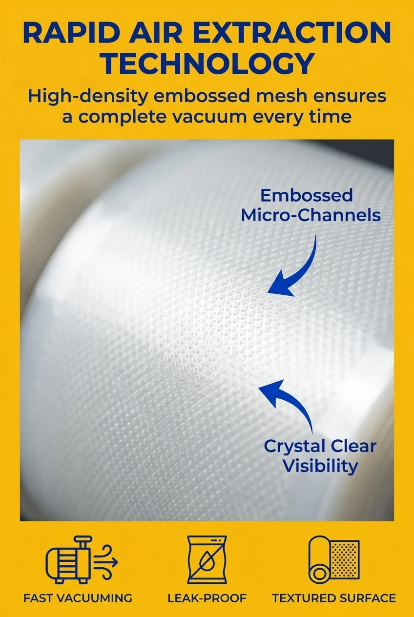 Advanced embossed micro-channels in our packaging plastic bags. This vacuum packaging bag features a uniform mesh texture for