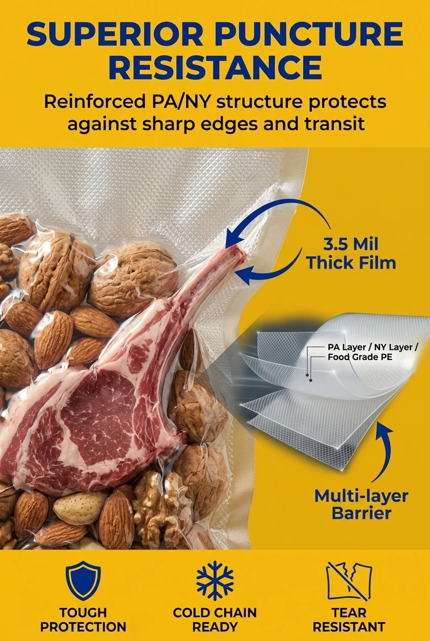 Heavy-duty packaging plastic bags with 3.5 mil thickness. Our vacuum packaging bag uses a reinforced PA/NY structure to resis