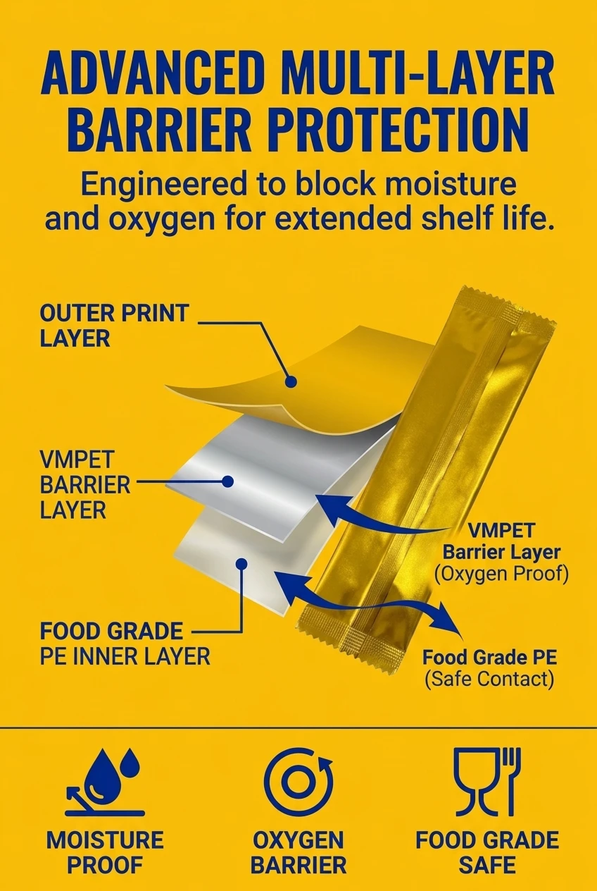 Isolate your powdered ingredients from environmental humidity and oxygen using advanced multi layer film technology. This sac