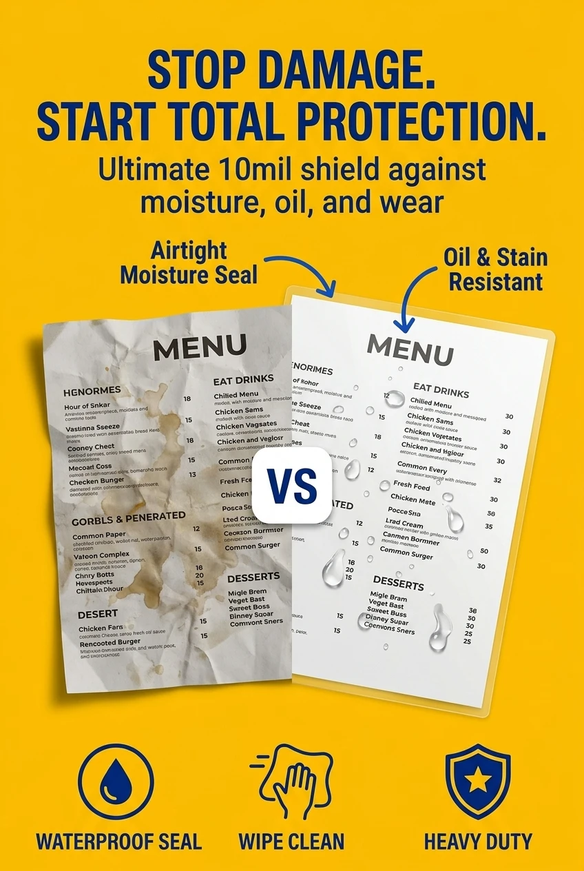 Protect commercial restaurant menus and classroom learning cards from constant liquid spills using our stop damage thermal se