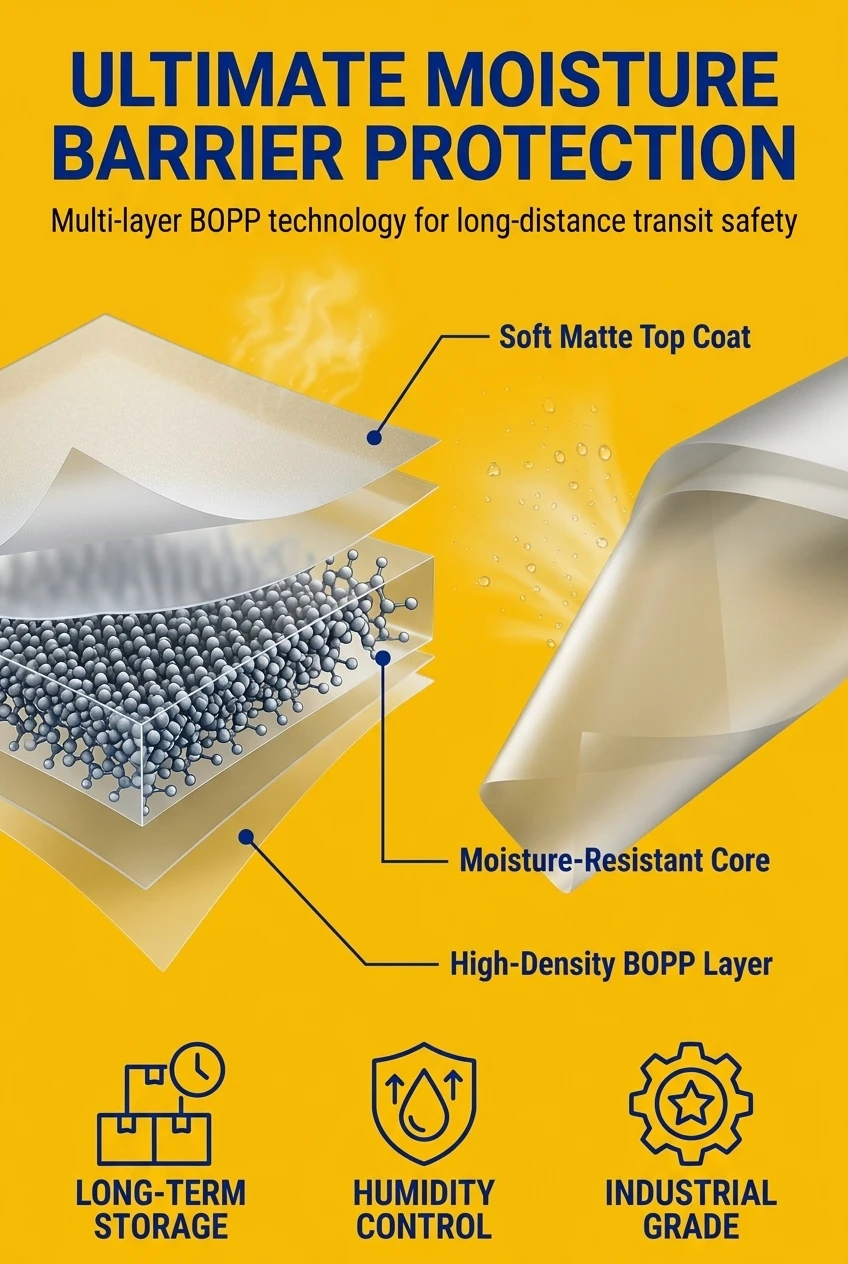 Engineered bopp film structure for superior environmental shielding. This moisture-resistant bopp packing film acts as a reli
