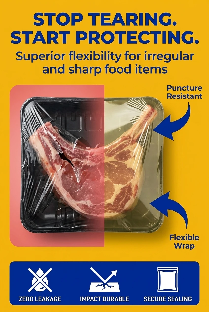 Secure your irregular and sharp food items safely during high volume logistics operations with our stop tearing start protect