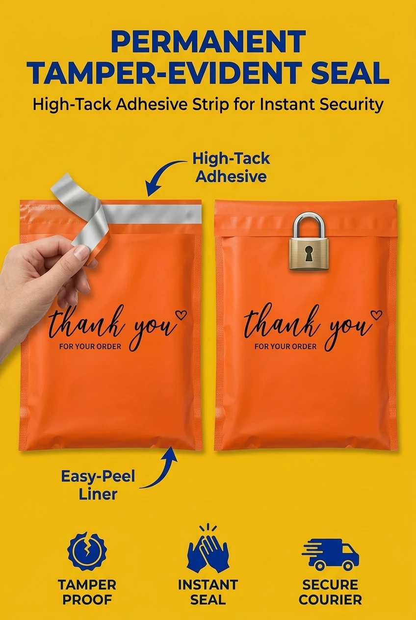 Secure self sealing plastic bags with high-tack adhesive strips for tamper-evident courier packaging bag performance. The per