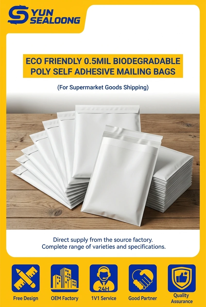 Eco Friendly 0.5mil Biodegradable Poly Self Adhesive Mailing Bags with Self Sealing Strip for Supermarket Goods Shipping