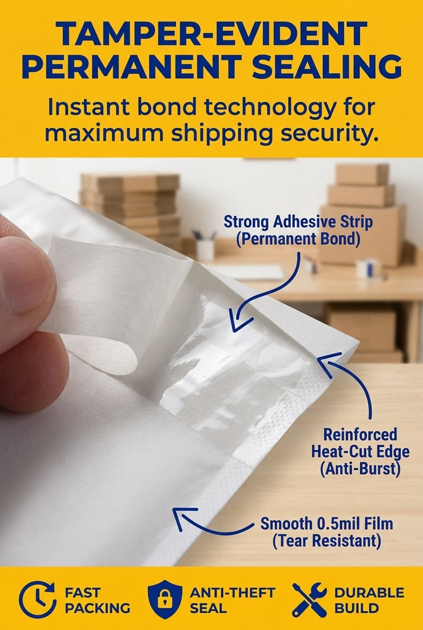 Experience the security of our self adhesive mailing bags featuring a high-strength permanent adhesive strip. Unlike a standa