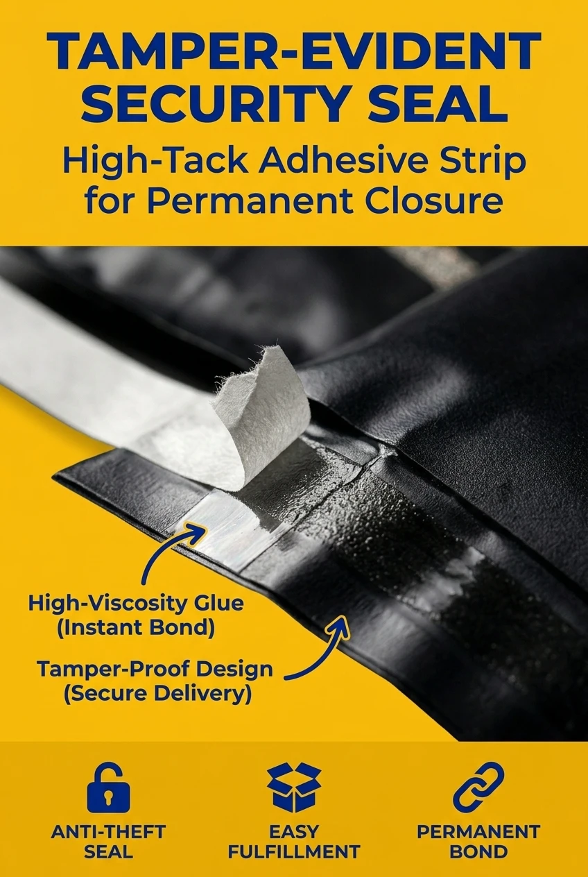 Secure self adhesive mailing bags featuring a high-tack permanent adhesive strip. Our compostable packaging bags ensure that