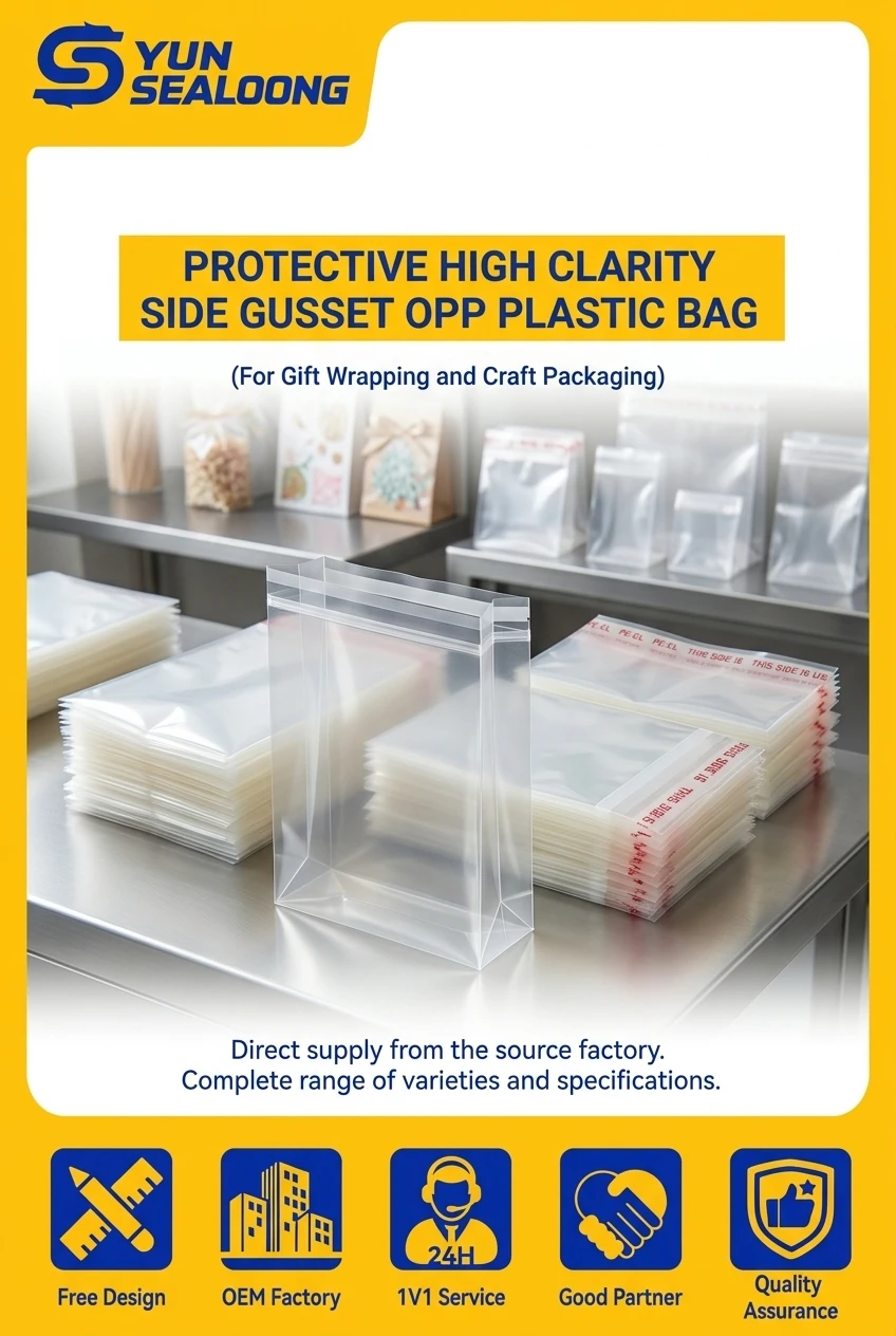 Protective High Clarity Side Gusset OPP Plastic Bag with Self Adhesive for Gift Wrapping and Craft Packaging