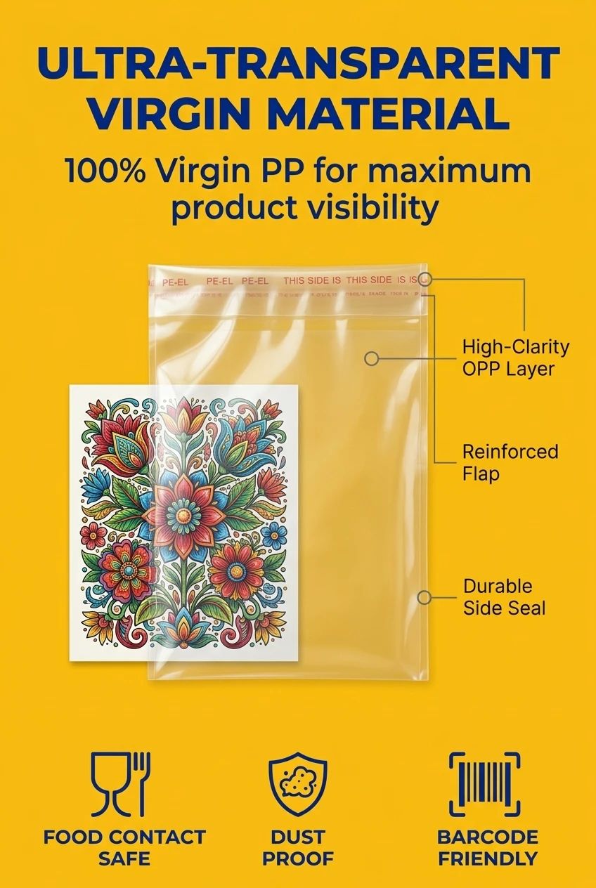 Material analysis of our clear mylar bags alternative. Made from 100% virgin PP, this opp plastic bag with self adhesive offe