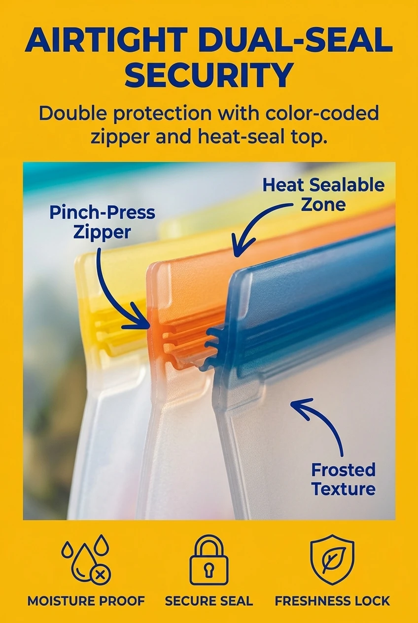 Lock in product freshness completely with an airtight dual seal security layout. Combining a heavy duty pinch press zipper tr