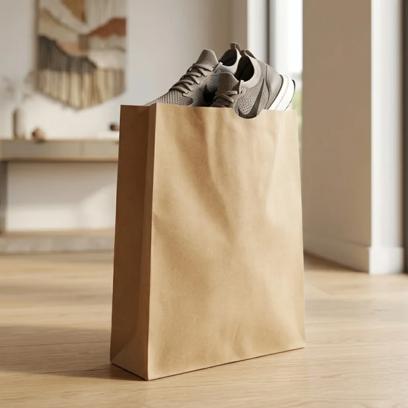 Close-up of kraft paper mailing bag surface with vertical holographic grating pattern