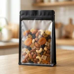 Close-up of food grade stand up zipper pouch surface with vertical holographic grating pattern