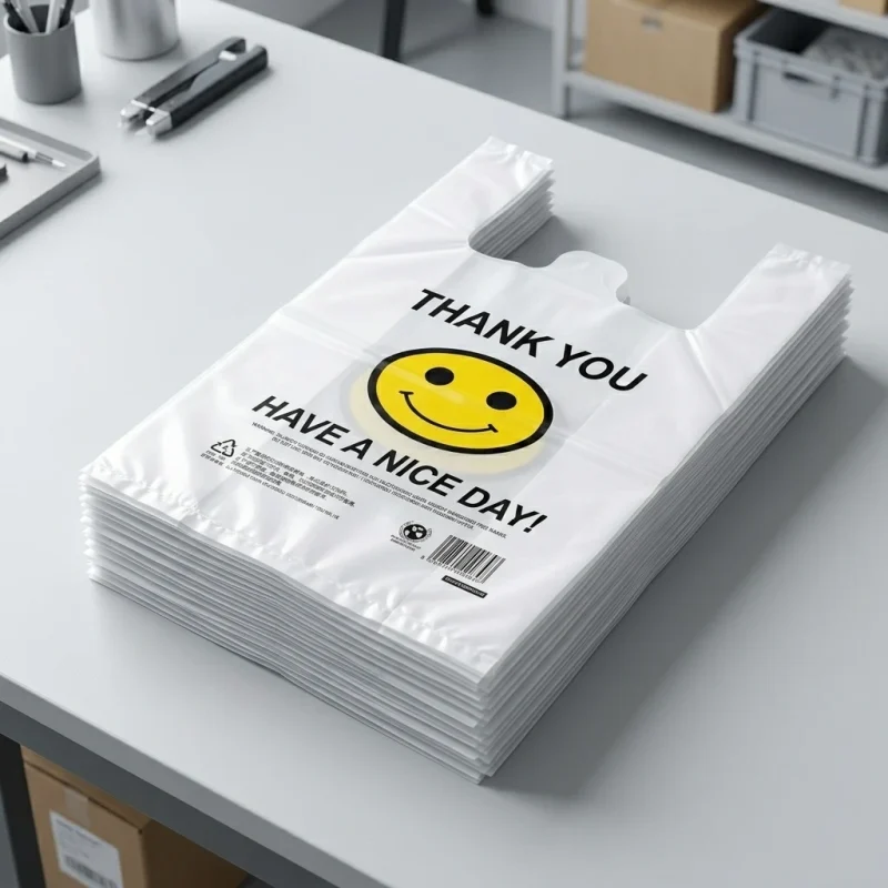 Industrial packaging of plastic shopping bag with handle with custom width options for printing houses