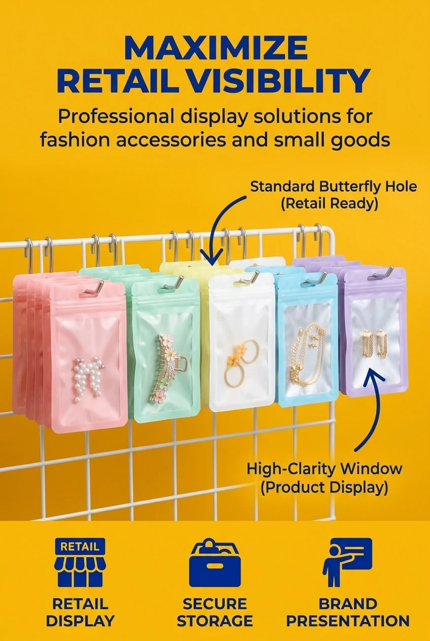 Professional industrial grade resealable macaron colorful mylar zipper bags with clear windows arranged in a creative interlo