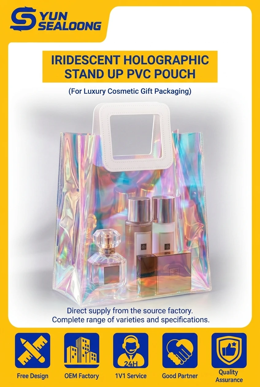 Iridescent Holographic Stand up PVC Pouch with White Rigid Handle and Side Gusset for Luxury Cosmetic Gift Packaging