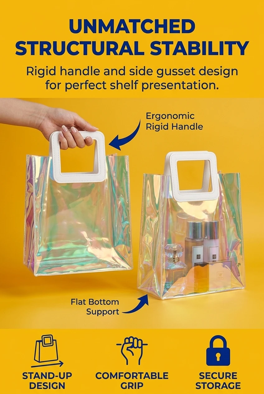 Stand pouch with white rigid handle for easy carrying and professional presentation. This clear plastic bags with handle desi