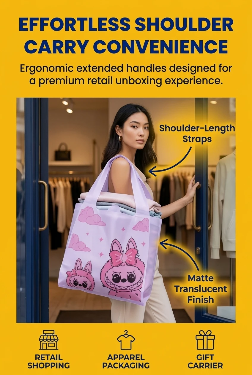 High quality plastic handle bags designed for premium retail. These pe plastic bag carriers feature ergonomic shoulder length