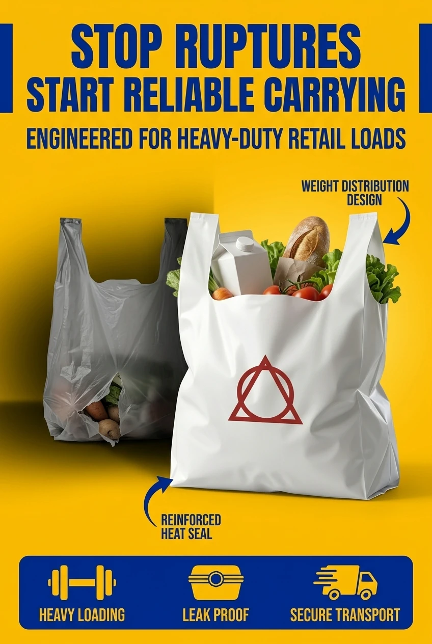 Heavy duty plastic shopping bag with handle featuring reinforced heat sealed bottom. Our biodegradable plastic shopping bags