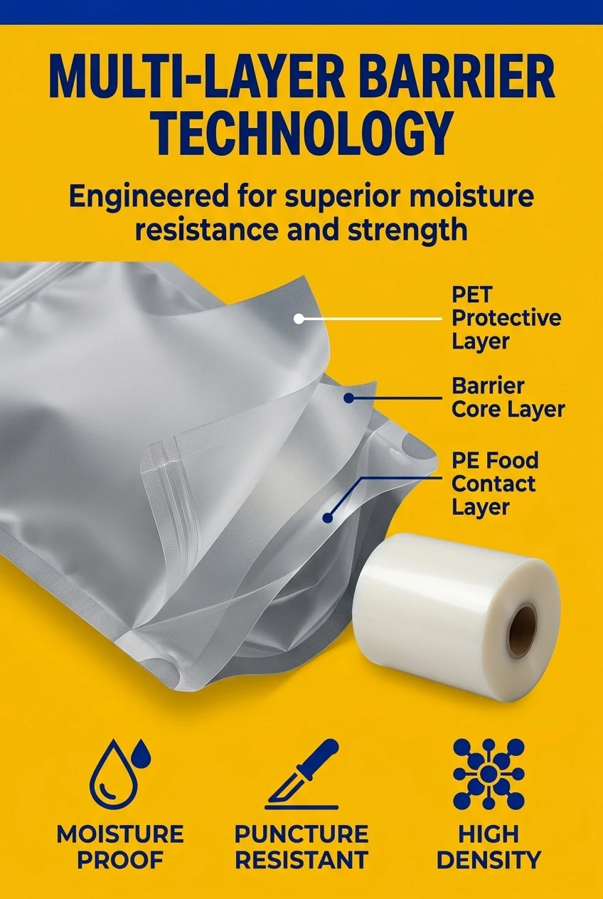 Advanced multi-layer laminated food packaging film roll. This food grade plastic film features a high-density structure for s