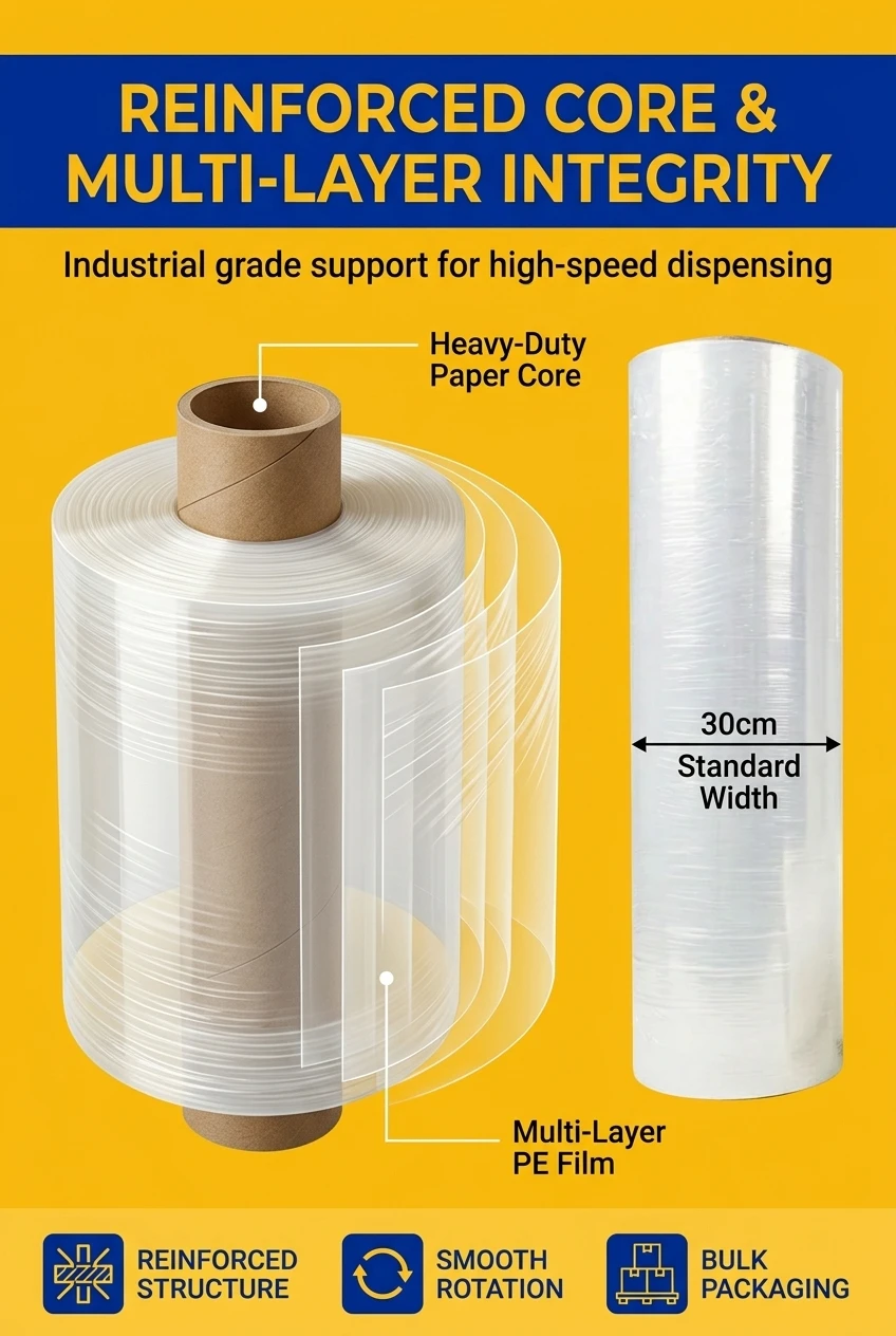 Durable food packaging film roll engineered with high-grade PE material. Featuring a reinforced brown paper core for smooth d