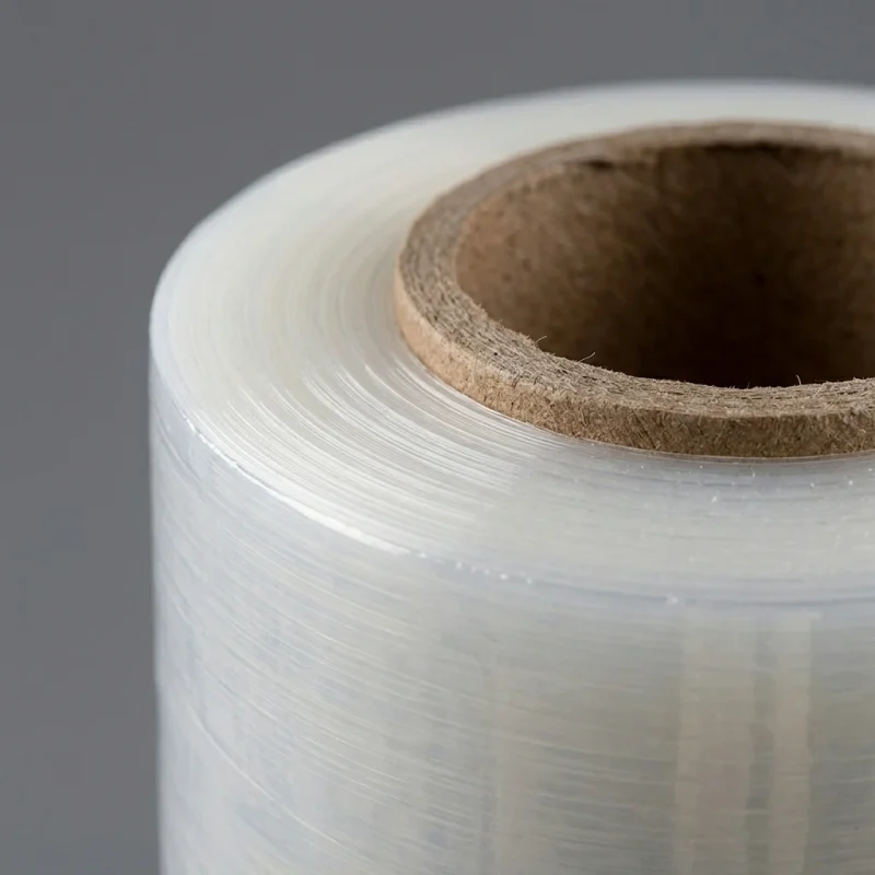 Close-up of LLDPE stretch film surface with vertical holographic grating pattern