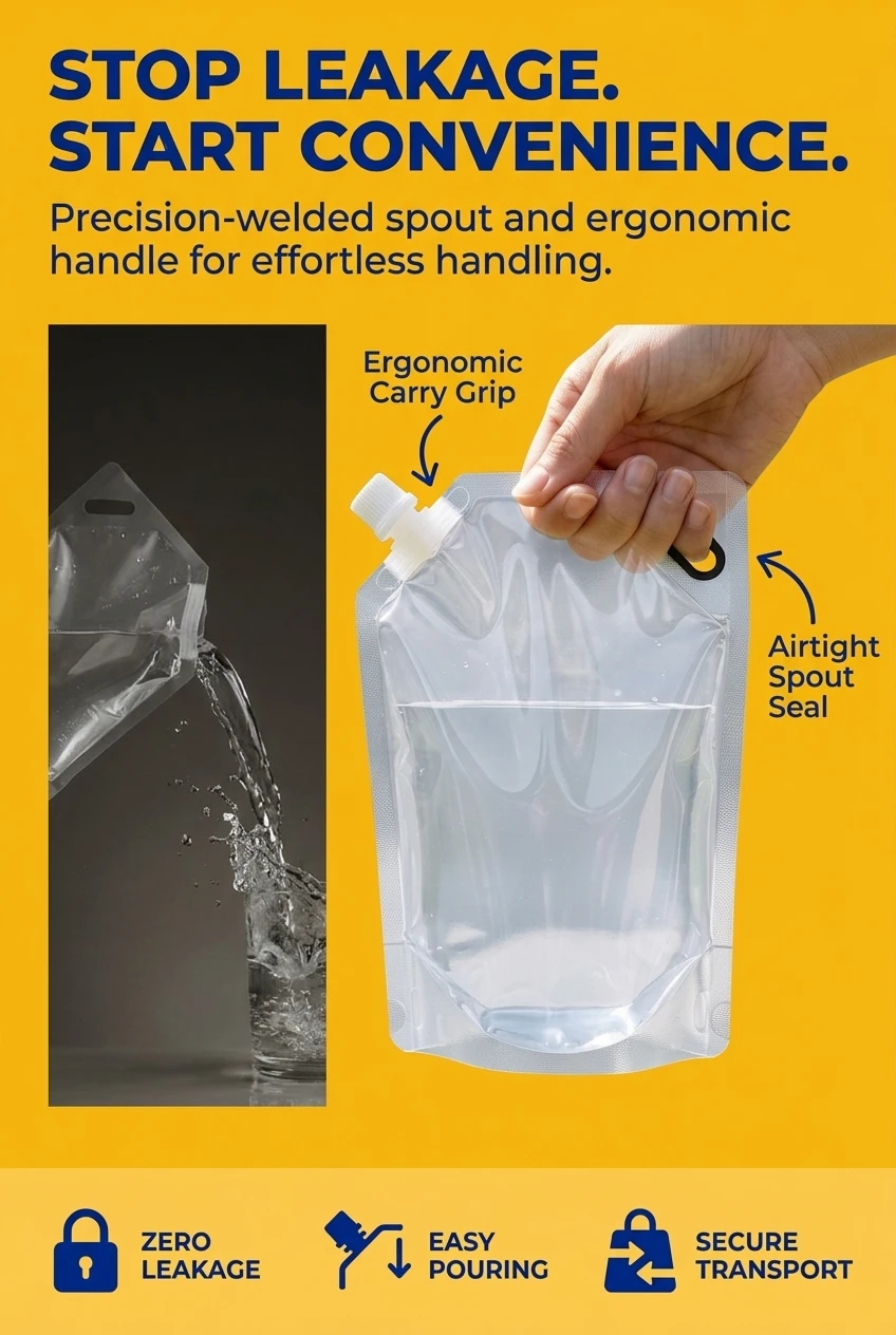 Professional industrial grade transparent liquid water juice spout pouch bag standing erect filled with clear fluid alongside